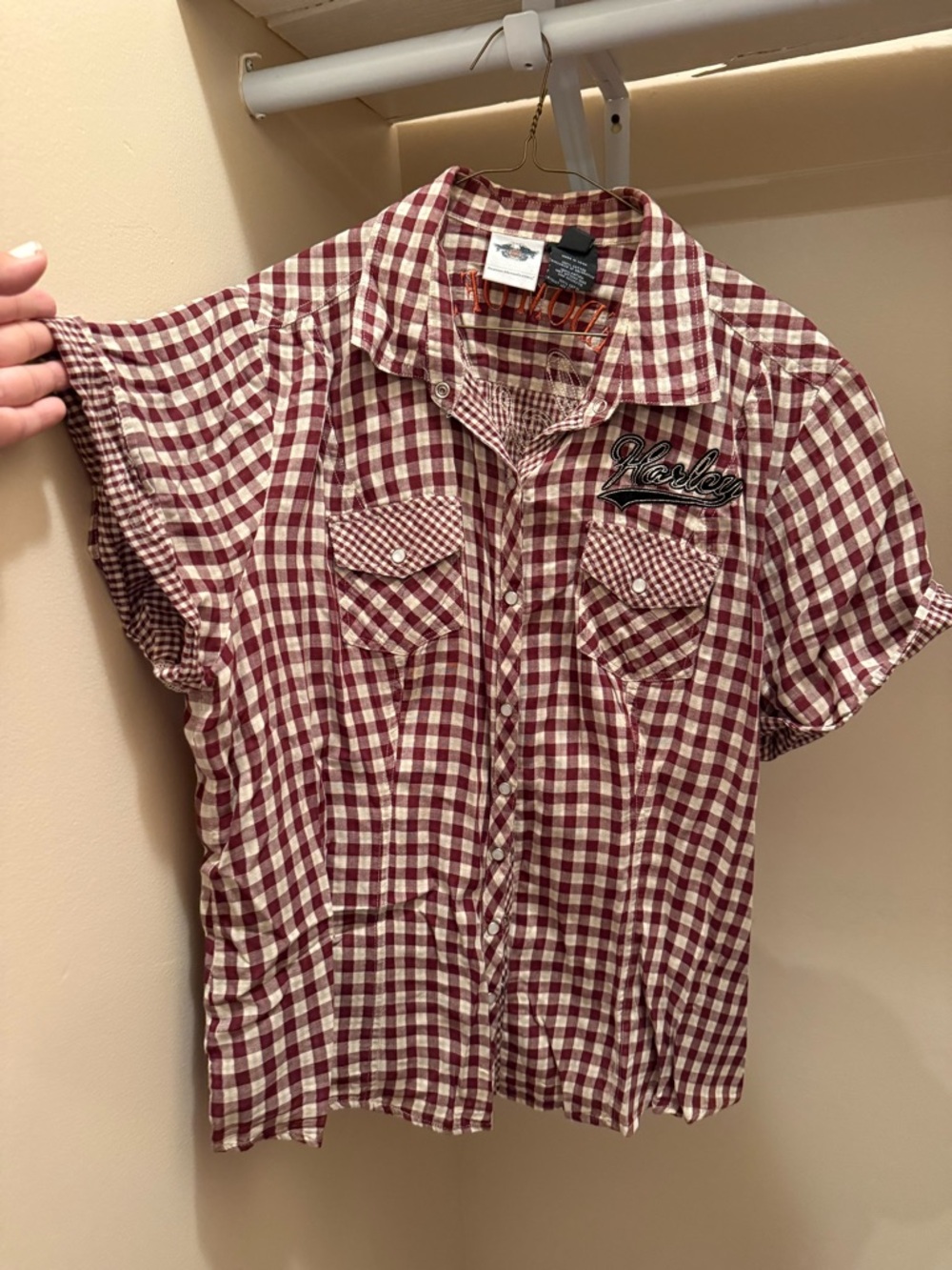 Harley Davidson Checkered Short-Sleeve Button-Up Shirt - Maroon/White